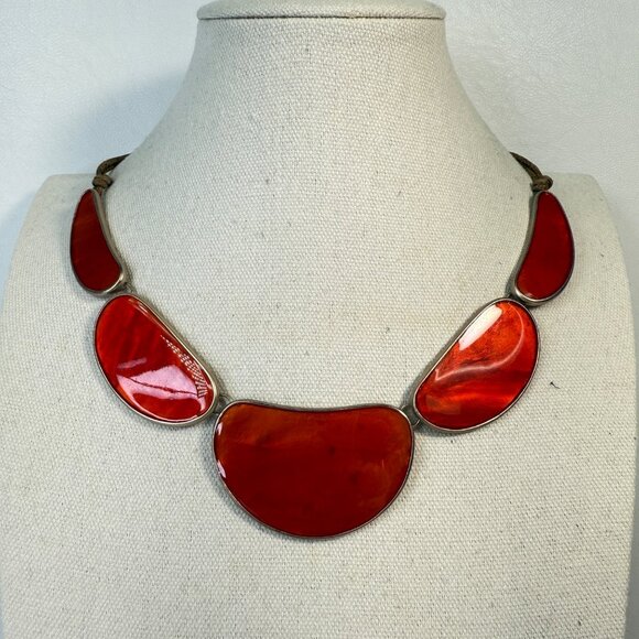 Karma Bella Enamel Disc Statement Necklace Orange Gold-Tone Signed Funky Artsy - Picture 1 of 9